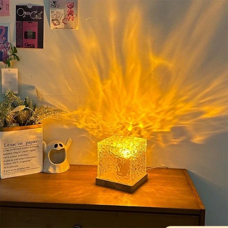 Vierkante Waterrimpel Sfeer Lamp, Kleine Nachtlamp, Creatief Meisje Cadeau, Bed Slaapkamer Vlam Aurora Dynamische Bureaulamp