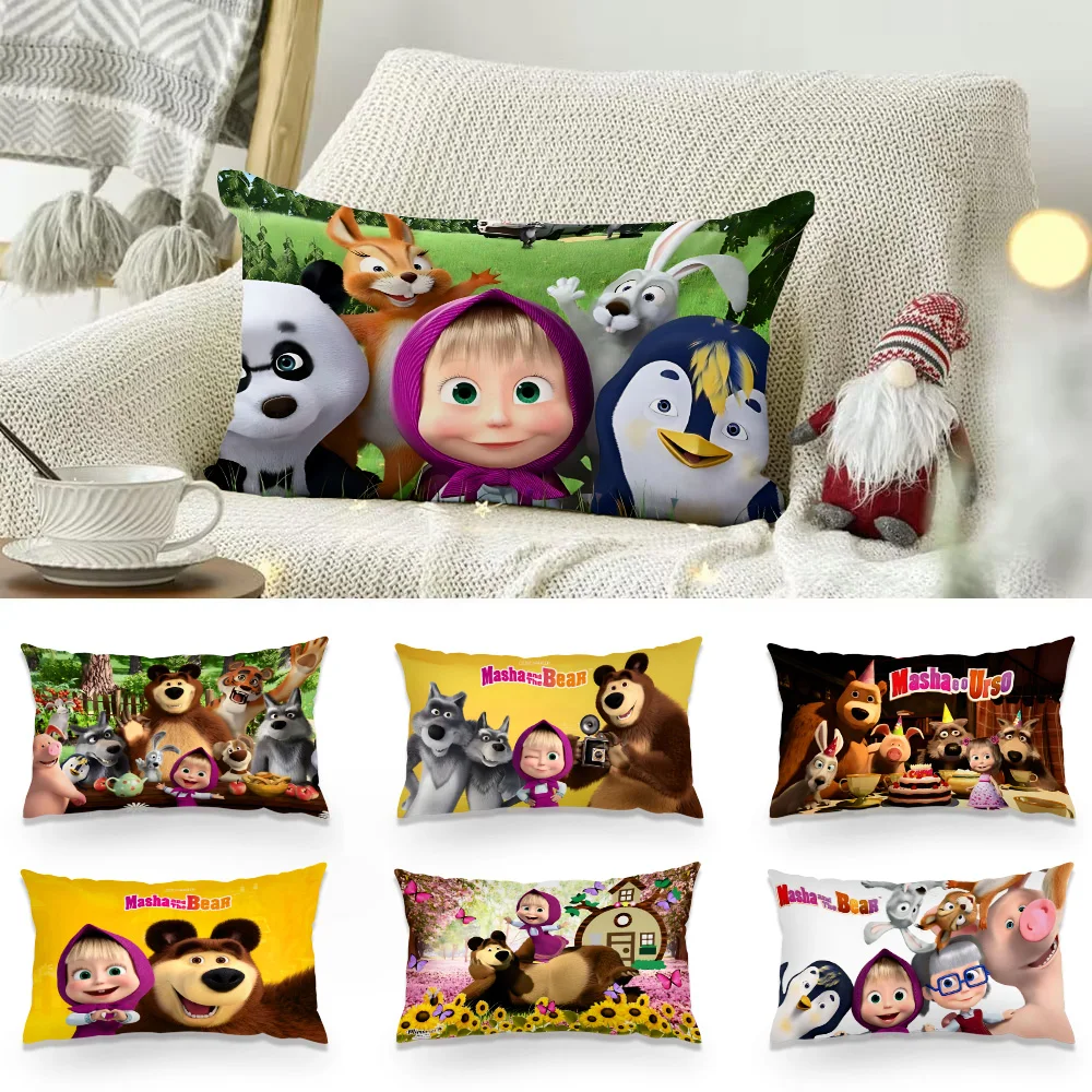 만화 M-Masha와 B-곰 베개 커버 만화 소파 장식 홈 양면 인쇄 짧은 플러시 귀여운 쿠션 커버