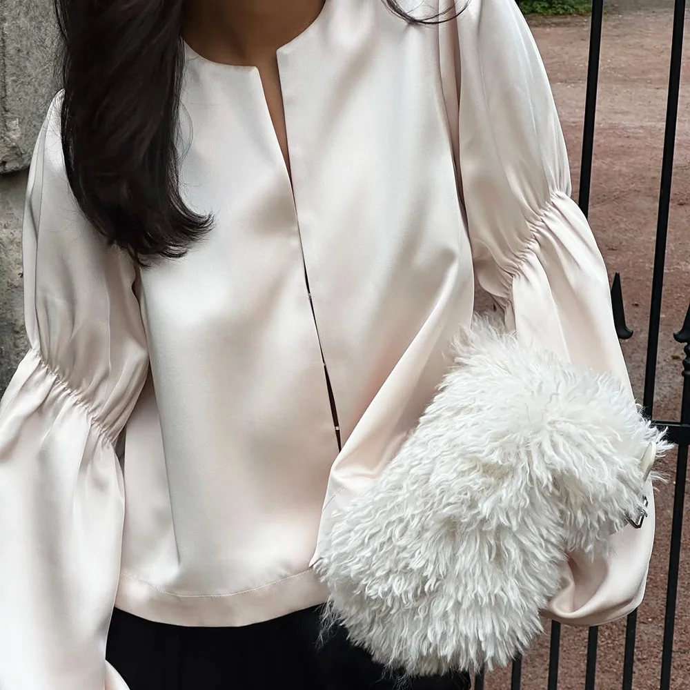 Ticketsx femmes solide chemise froncée élégant ample simple poitrine Blouse chemise mode femme décontracté haute rue fête dame chemise