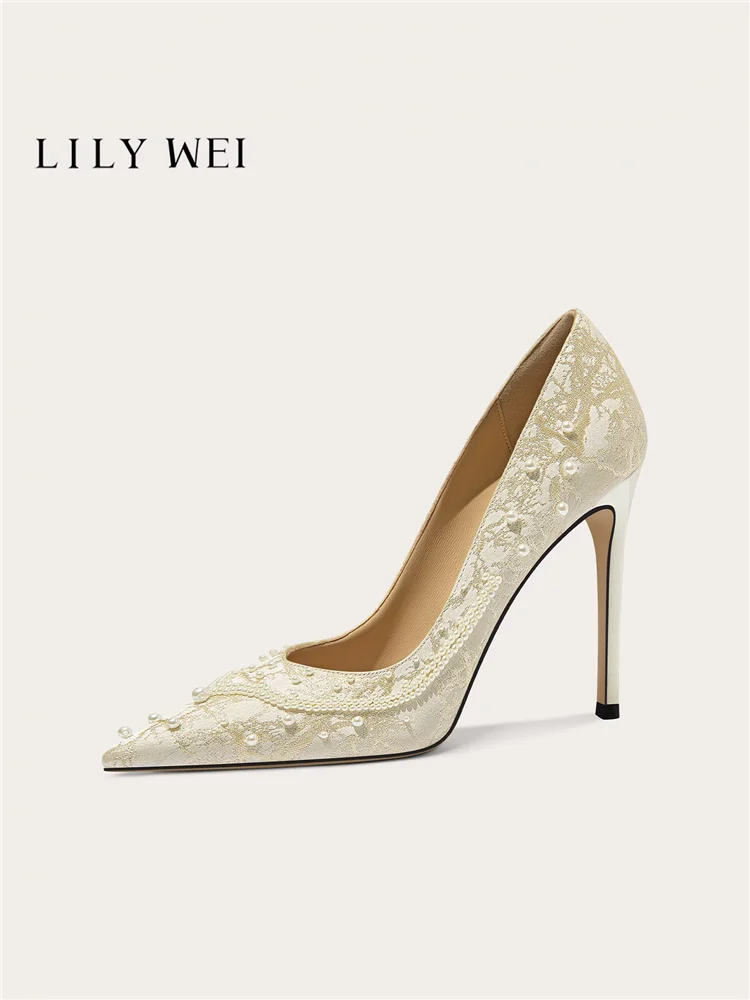 Spring new pointed beige printed fabric pearl fine heels wedding shoes banquet large size small size high heels women's shoes