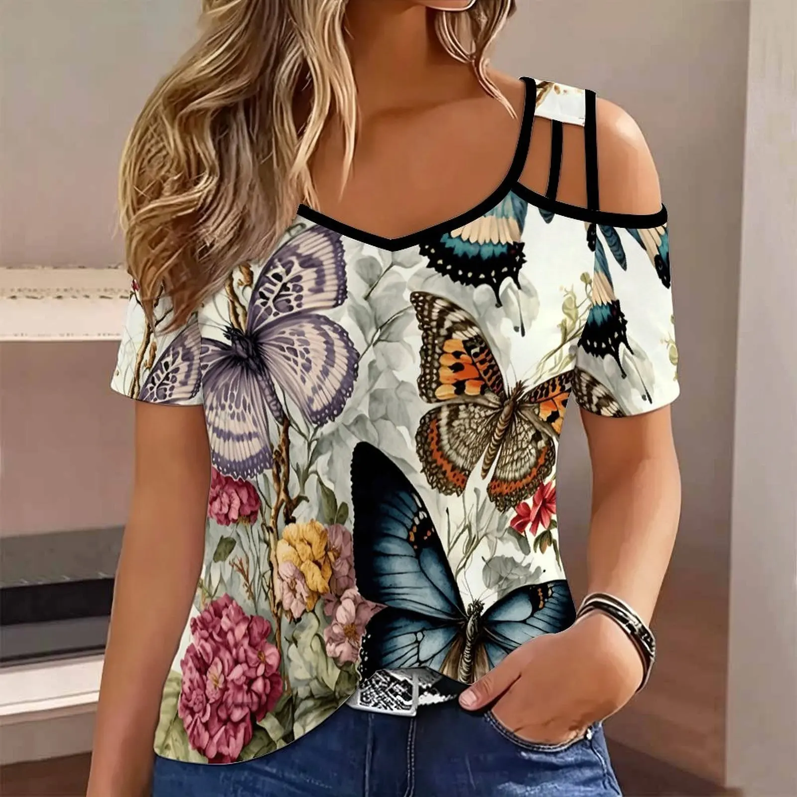 Plus Size Summer Women’s Fashion Casual V Neck Cold Shoulder T-shirt Retro Print Short Sleeve Top Versatile Ladies Garment