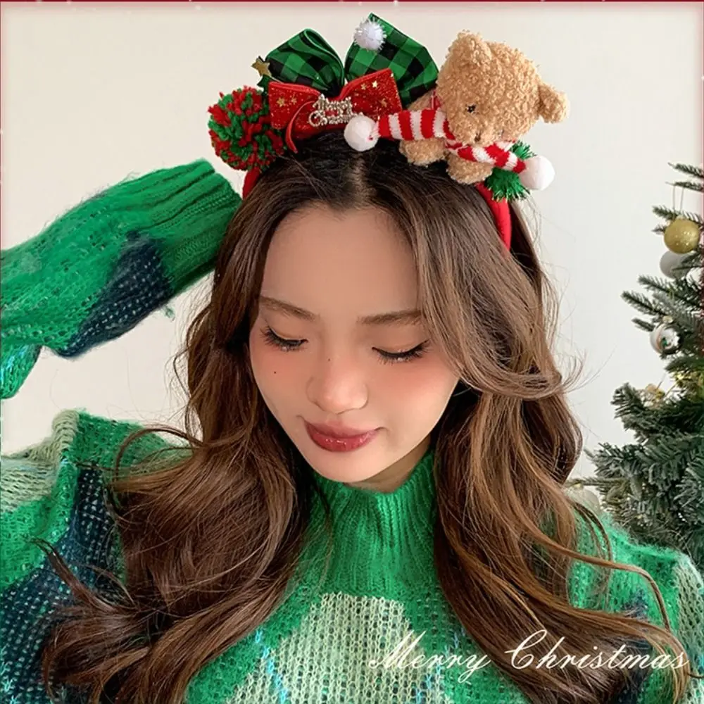 Decoración navideña, diadema navideña, aro para el pelo de alce, diadema con astas de Papá Noel, lazo rojo, lazo de felpa de Reno, banda para el pelo roja para niña