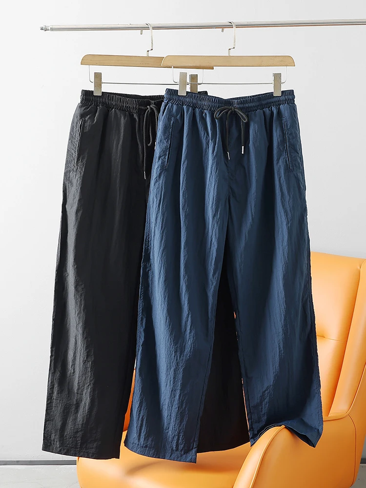 

Tasvel Fabric Men's Summer Thin Dstring Elastic Waist Straight Leg Pants Lightweight Casual Loose Fit Long Trousers