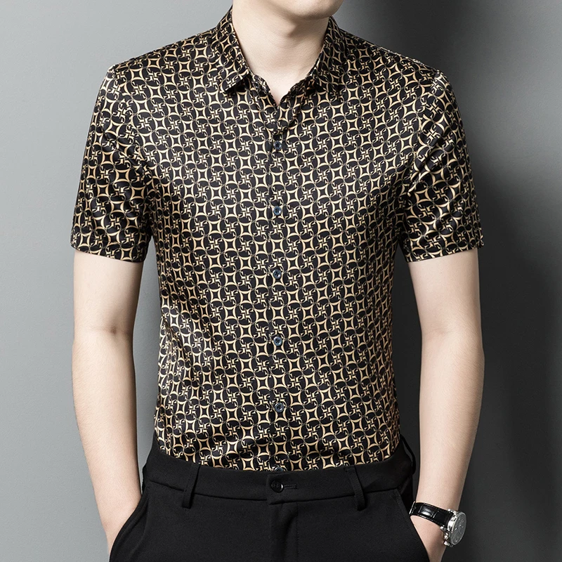 

Classic Vintage Print Silk Men Shirt Business Casual Short Sleeve Summer New Fashion Quality Smooth Comfortable Camisa Masculina