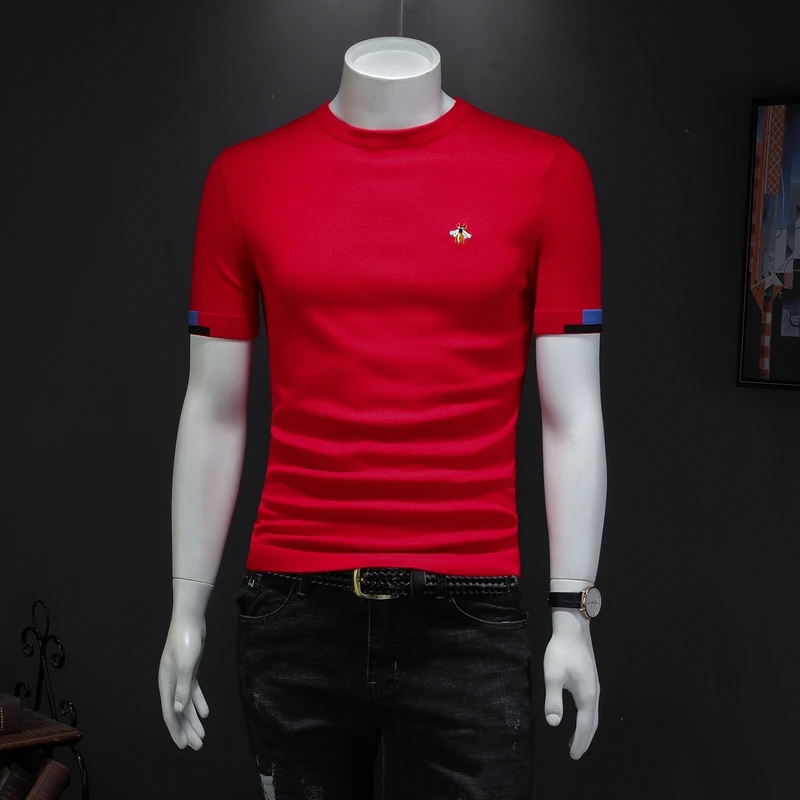 

Красный вязаный свитер с коротким рукавом для мужчин: модный, легкий, базовый, от люксового бренда, в стиле интернет-знаменитостей