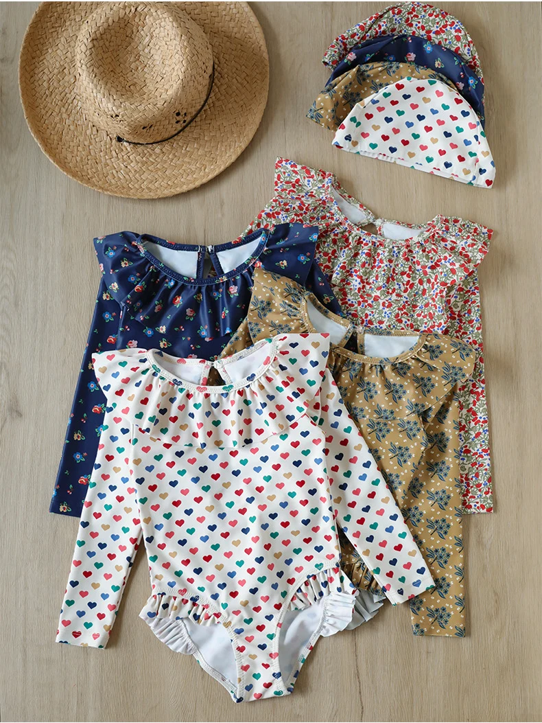 1-7T Flower Girls Swimwear Long Sleeve Backless Swim Clothes Baby Summer Beach Holiday Swimsuit Cute Sweet Bodysuit