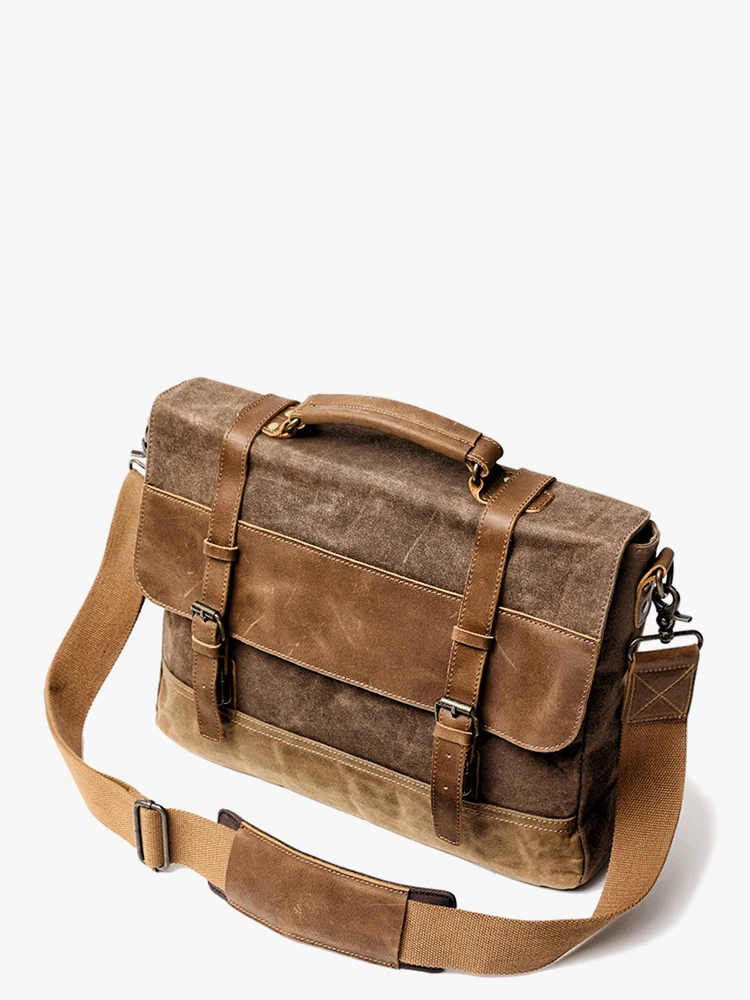 Bolso de mano de lona de cera al óleo para hombre, bolso de hombro impermeable, maletines de cuero de lona Vintage, bolsos de mensajero para computadora portátil grande de 14"