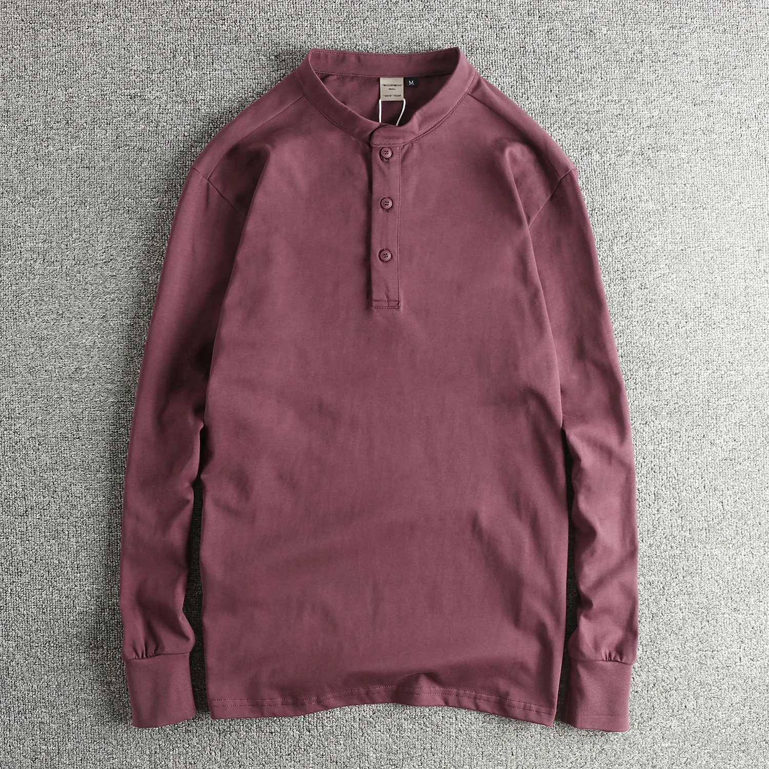 

Washed Comfortable Long Sleeve T-Shirt Men's Standard Fit Pure Cotton Henry Collar American Retro Style Potato Red Base Layer