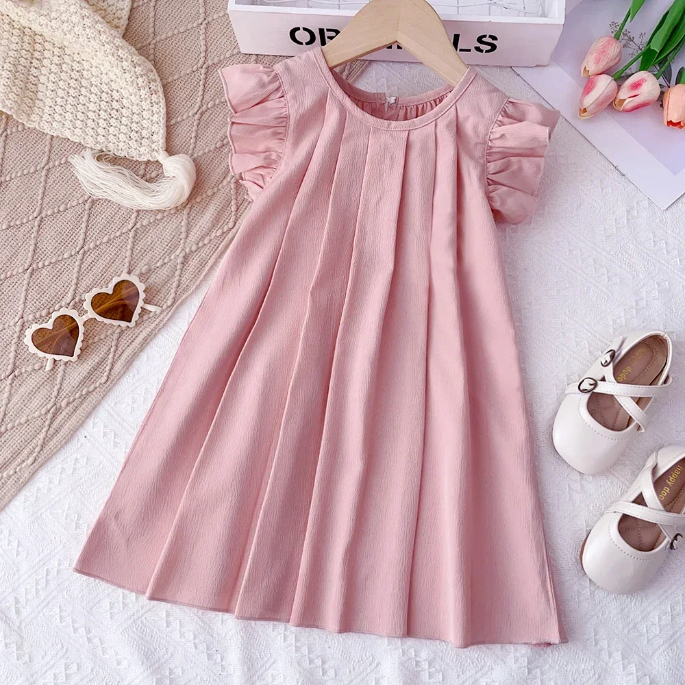 Bear Leader 2024 Summer New Ins Style Girls' Set Solid Color Flying Sleeve Mushroom Edge Dress Princess Skirt Children'sClothing