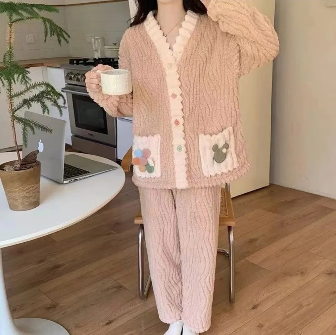 Mode Homewear Pyjama Vrouwen Kan Winter Dikke Koraal Thuis Kleding Effen Kleur Lange Mouw Broek Fleece Harige Sexy Pyjama Set