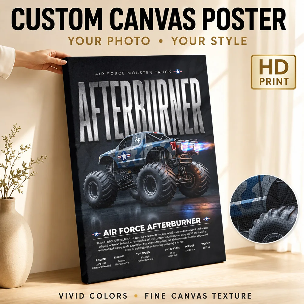 Air Force Afterburner Monster Truck Framed Canvas Print Poster Customized Photo Gallery Style Garage Wall Paintings Decoration