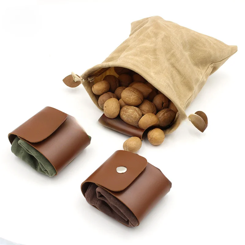 Outdoor Camping Folding Canvas Picking Fruit Fanny Pack Pu Jungle Craft Bag Leather Waist Hanging Foraging Bag