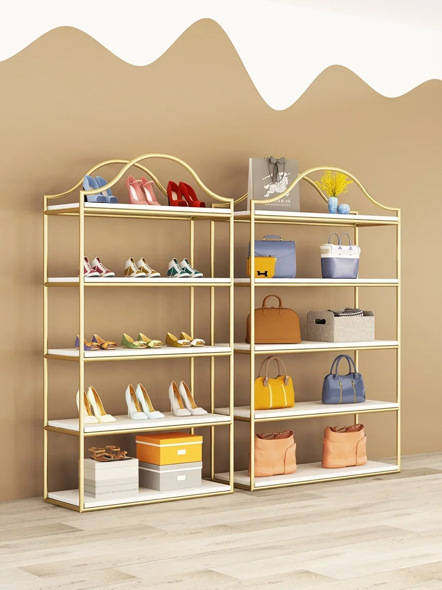 Boutique Shop Retail Store Stainless steel Shiny gold Display Shelf Floor Metal Shoe Handbag Stand Display Rack