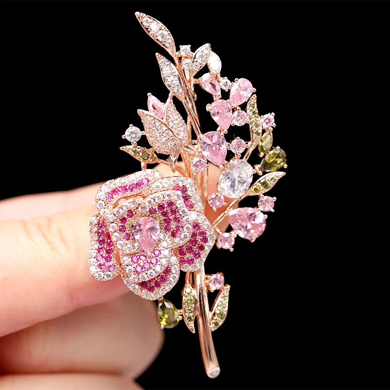 Chinese Style Lucky Auspicious Rose Brooch For Women Micro Pave Colorful Cubic Zirconia Elegant Floral Pin Banquet Dress Jewelry