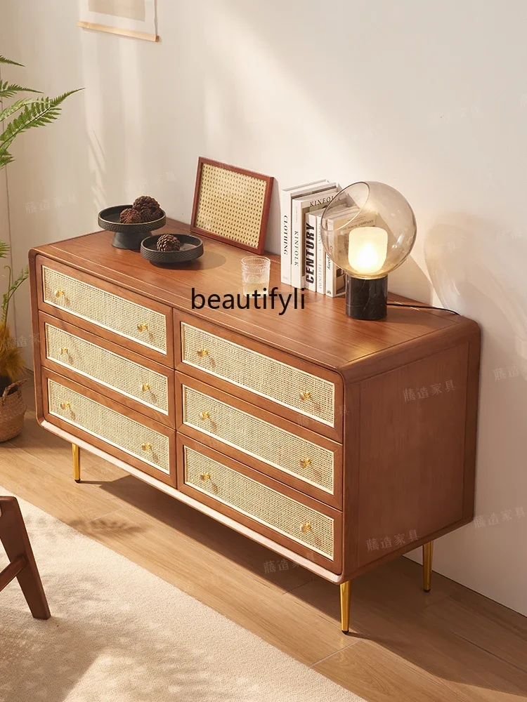 Nordic Solid Wood Rattan Three-Bucket Cabinet Bedroom Locker Drawer Storage Cabinet Household Six Buckets