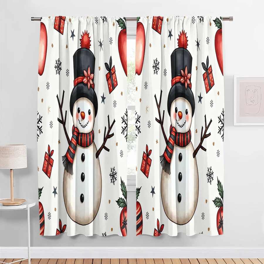 2PCS Cartoon Snowman Gift Curtains, Black Hat Red Scarf Snowflake Christmas Window Drapes for Kids Bedroom Living Room Decor