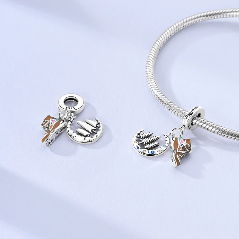 

925 Sterling Silver Mountaineering Shoes Moon Forest Charms Pendant Fit Original Bracelet DIY Women Anniversary Jewelry Gifts