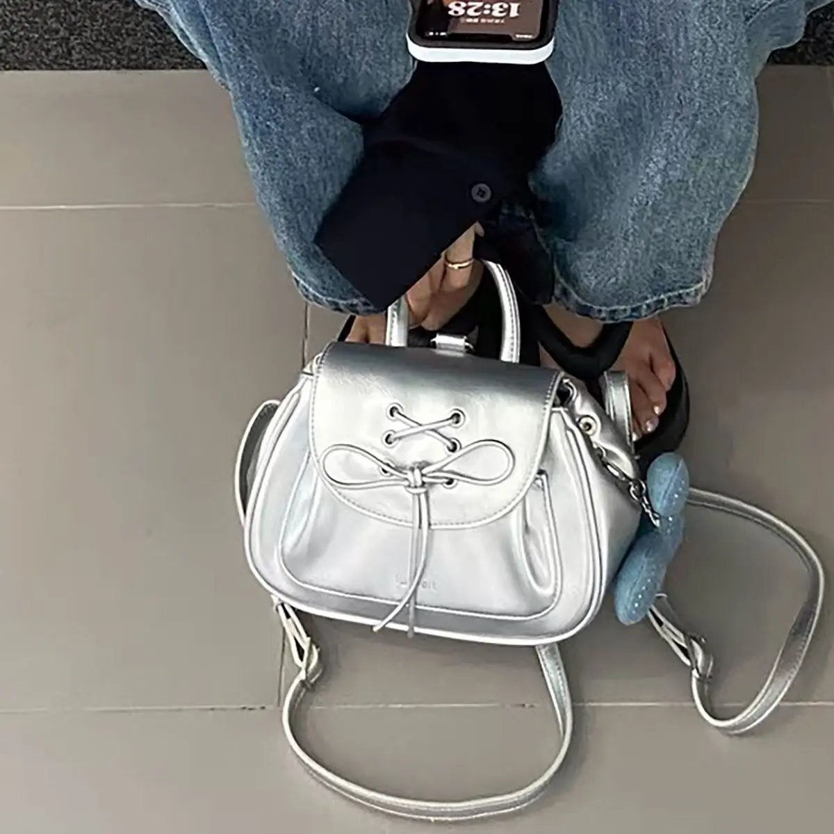 JIAERDI Harajuku Bow Silver Backpack Women Preppy Style Hot Girls Leather Mini Backpacks Female Fairycore Aesthetic Y2k Mochila