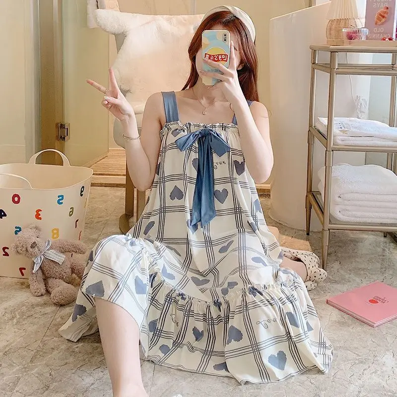 Women's Summer Sexy  Pregnant Women Can Wear Long Knee Pajamas Age Reduction Comfortable Sleepshirts Modal Suspender Nightgown