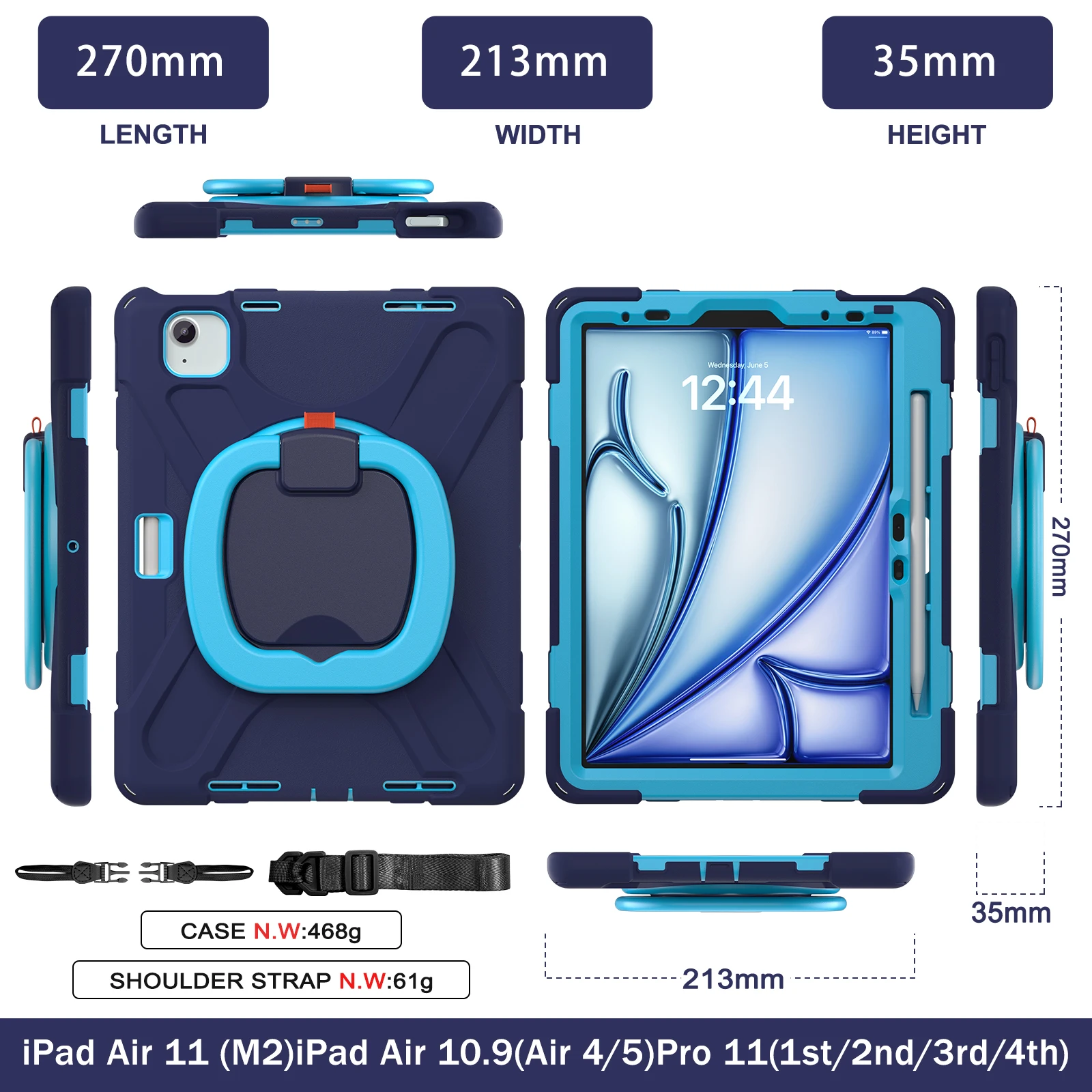 

Для Apple iPad Air 11 2025 M3 A3267 A3270 2024 A2899 A2900 11 "чехол для планшета, полная защита тела, ПК-кремний/с плечевым ремнем