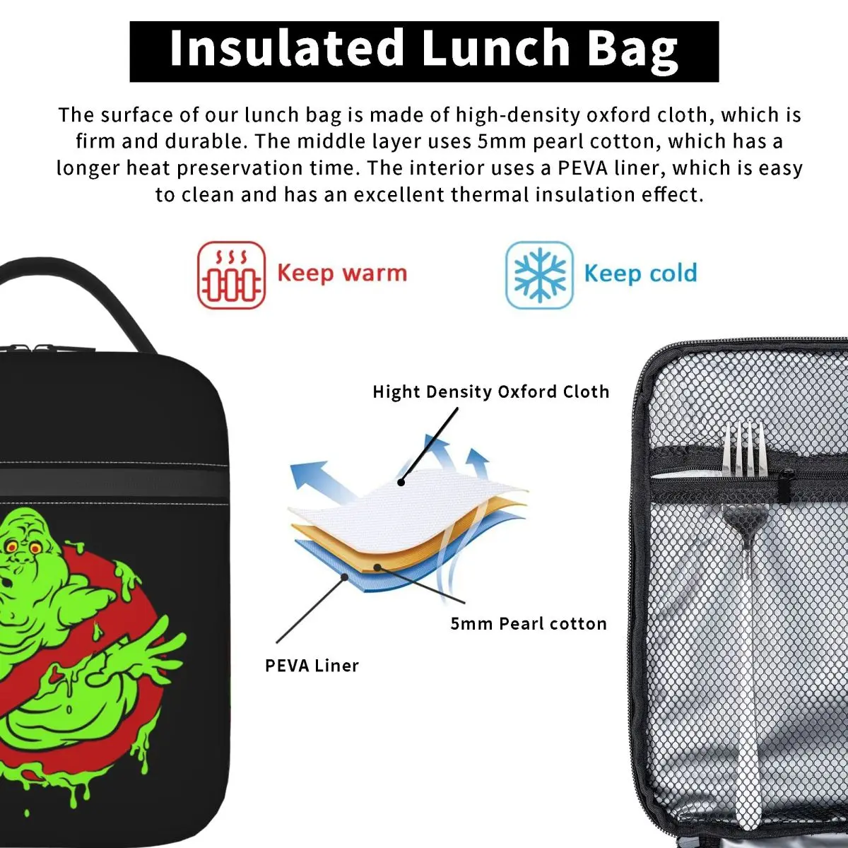 Ghostbusters Movie Slimer Artwork Printed Insulated Lunch Bag for Women Children Portable Food Boxes Thermal Lunch Box Tote