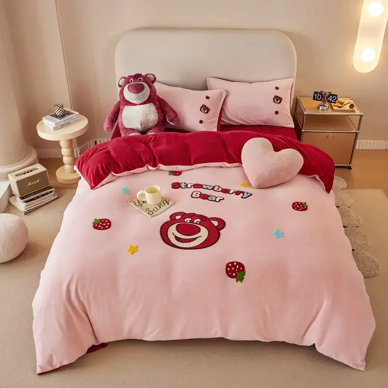 Disney Lotso Mickey Minnie Chip Dale Stitch Cute and Creative Cartoon Embroidered Milk Velvet Duvet Cover Bed Sheet Set of Four