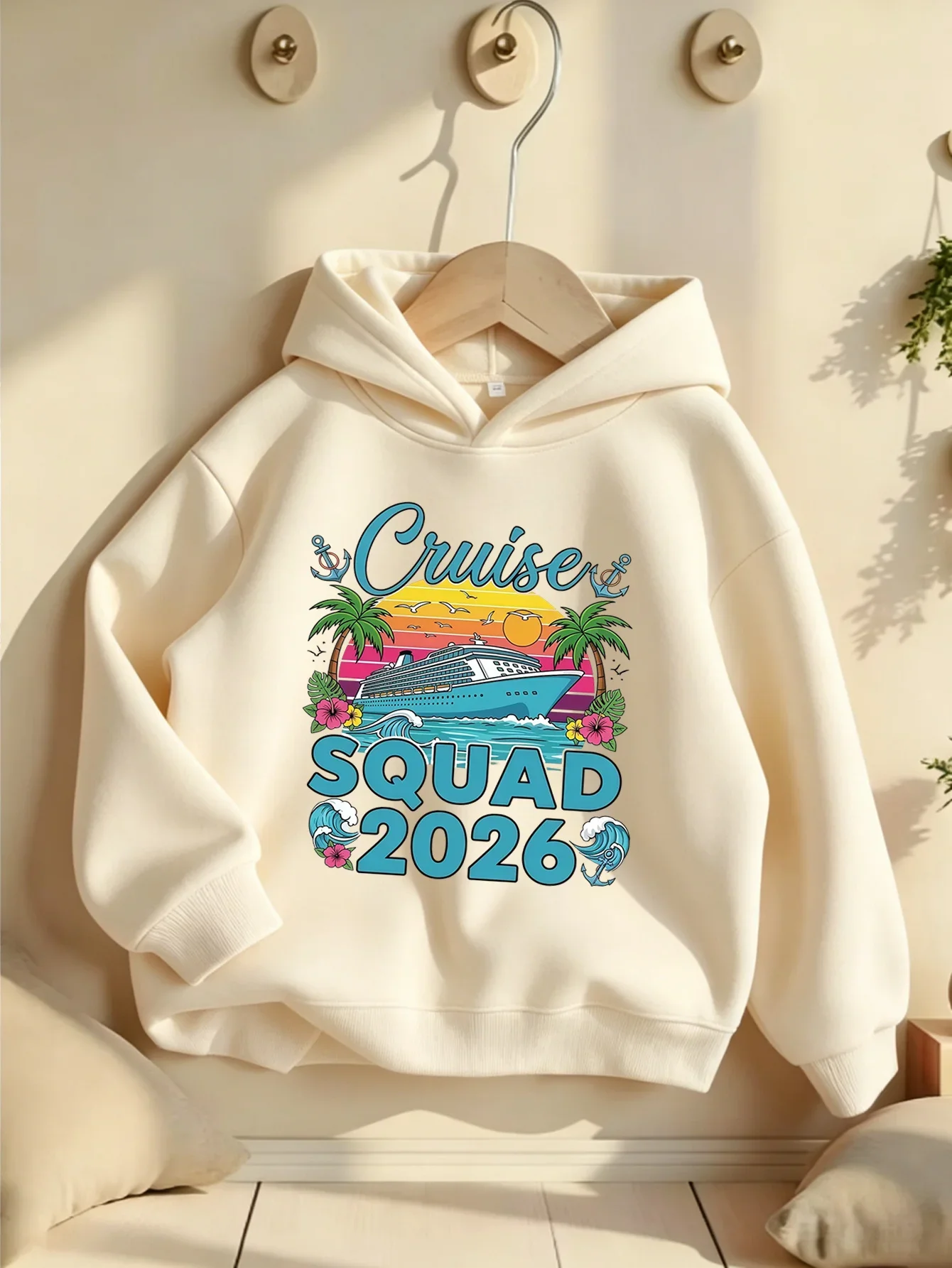 Girls' Hooded Sweatshirt with Cruise Ship and Coconut Tree Print Vacation-Themed Autumn/Winter Fashion Lined Hooded Holiday Gift