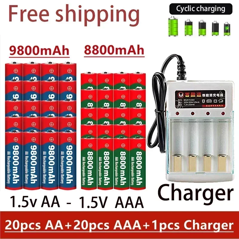 1.5V AA 9800Mah/ AAA 8800Mah alkaline battery, with charger+free shipping,for computer clocks,video games Rechargeable battery