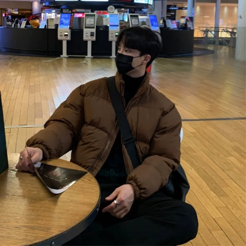 

Brown Loose Fit Thiened Cotton Jaet Korean Sle Stand Collar Youth Casual Warm Winter Outerwear Bread Sle Coat