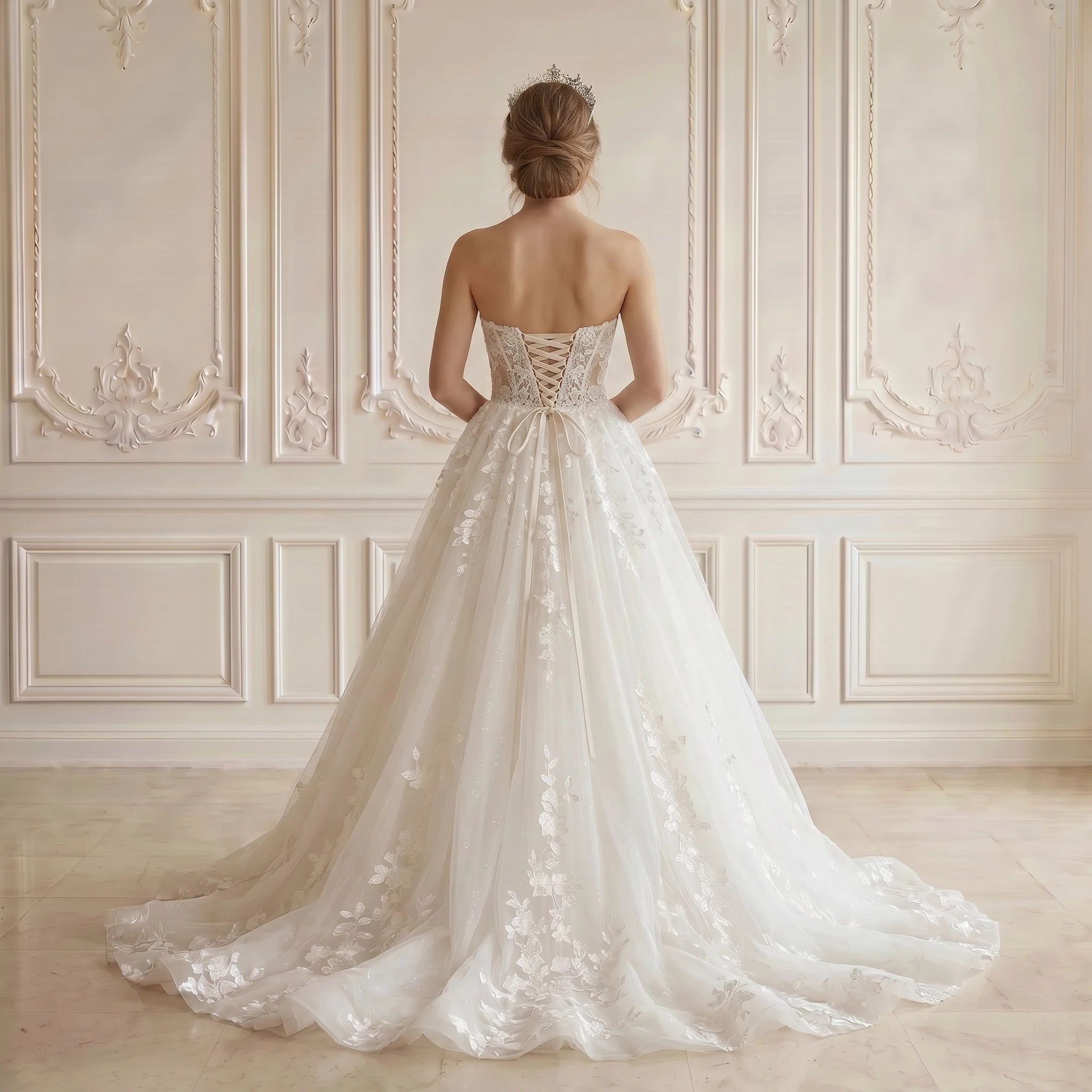 Strapless Sweetheart Ball Gown Wedding Dress Vine Floral Lace Corset Back Soft Tulle Chapel Train Bridal Gown