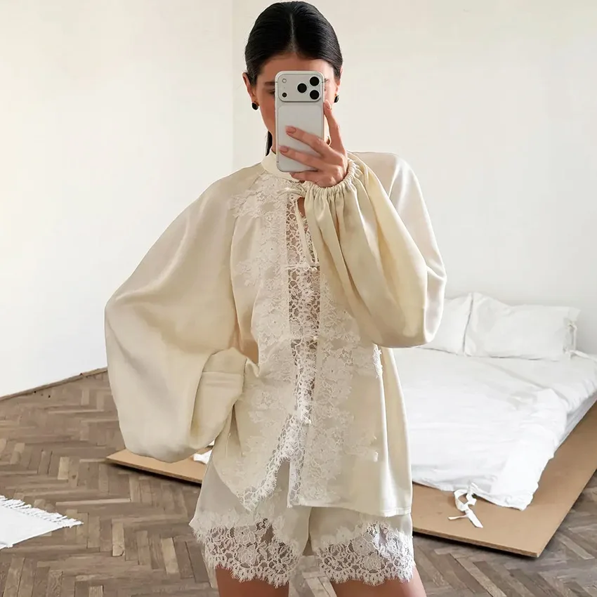 Women's Luxury Satin Lace Trim Pajama Set Ice Silk Long Sleeve Blouse & Shorts Loungewear Elegant Off-White Sleepwear for Summer