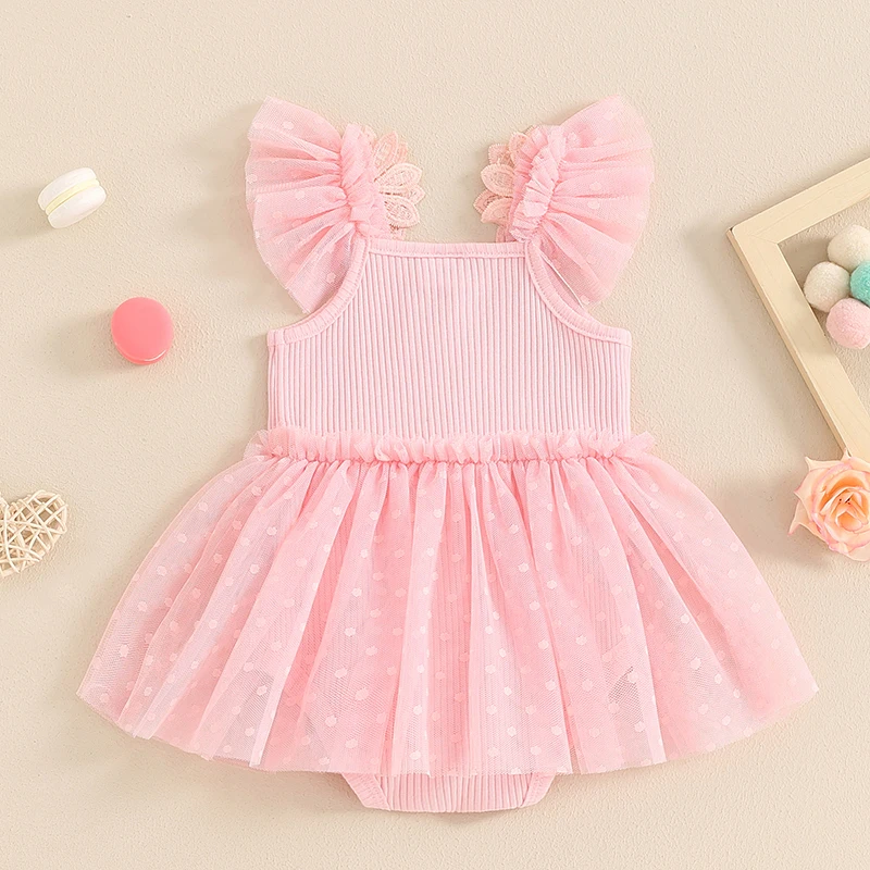 Summer Infant Baby Clothing Girls Rompers Dress Casual Mesh Patchwork Ruffles Ribbed Romper Playsuit Jumpsuit Newborn Clothes