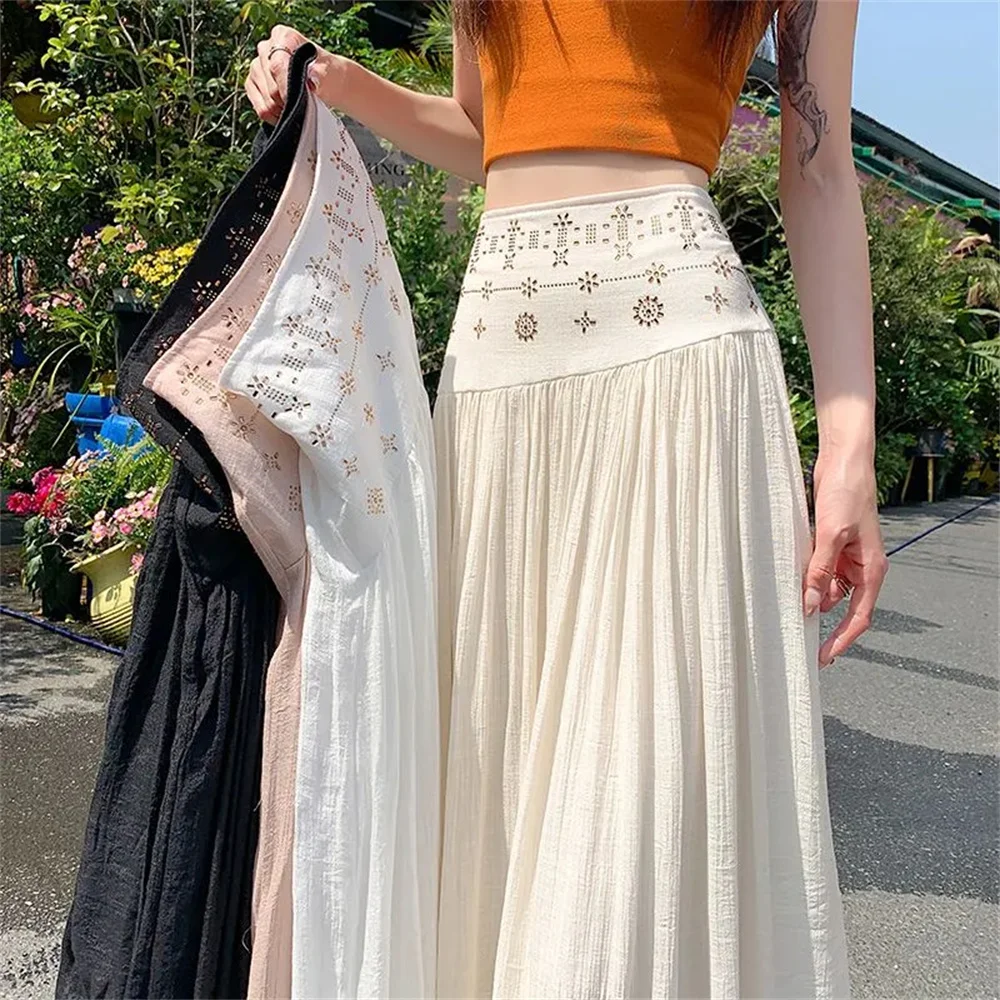

Elegant Diamond Bohemian Skirt Women Pleated Long Skirt French Fashion Office Lady White Full Skirt Spring Summer Beach Vacation