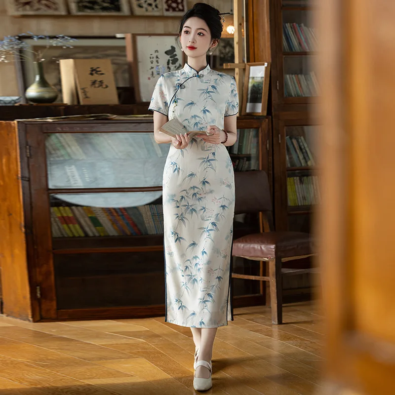 

Yourqipao летнее свежее элегантное Cheongsam с бамбуковыми листьями, длинное двухслойное китайское вечернее платье Ципао с короткими рукавами для женщин