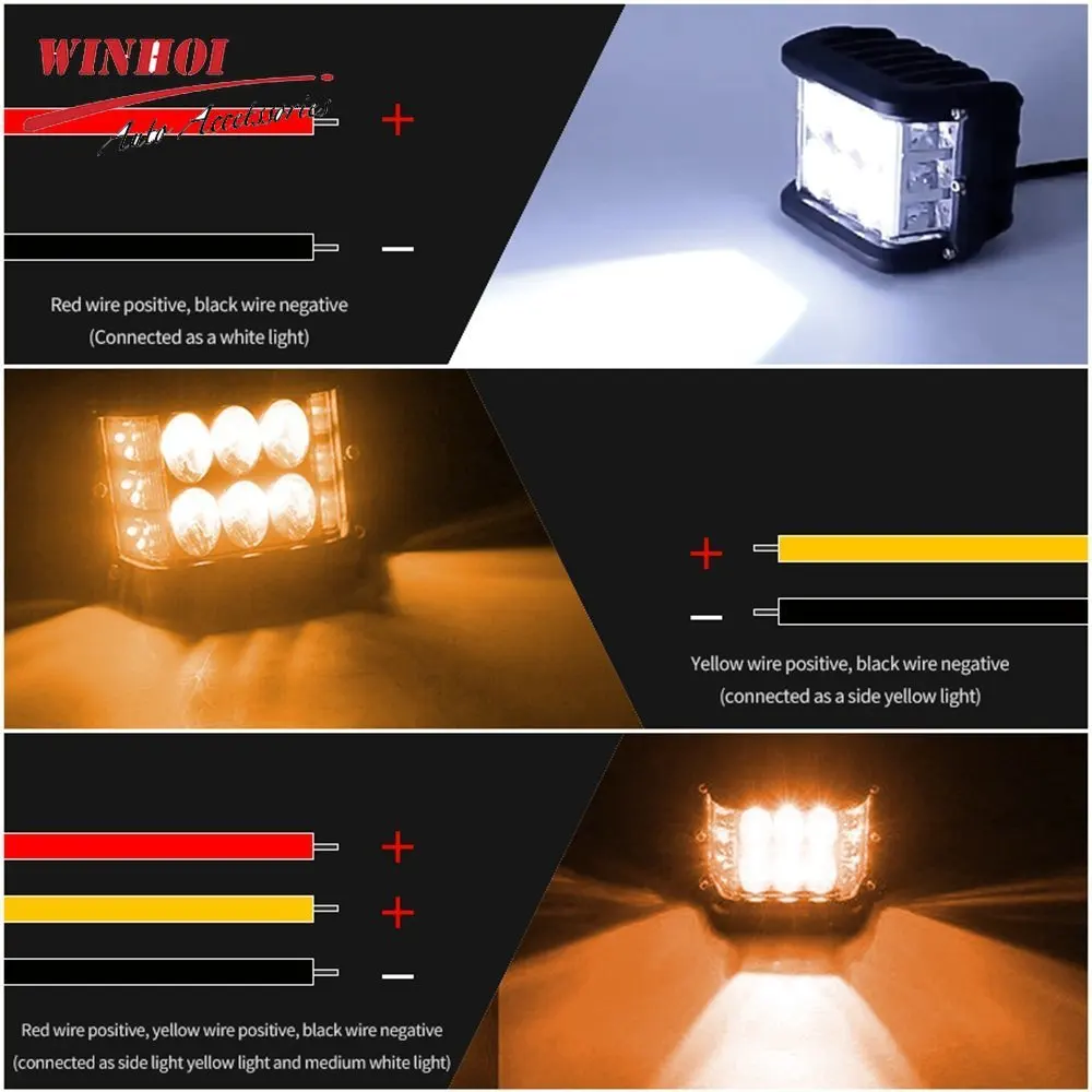 2PCS Car LED Work Light with Flashing Three Side Led Warning Strobe Light 12-24V LED Headlights for Offroad 4X4 Truck Fog Lamp