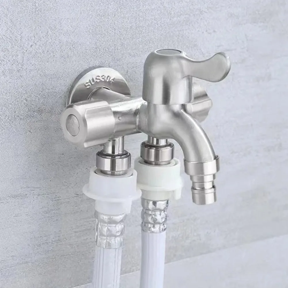 

304 Stainless Steel Three-Way Faucet 1 in 3 Out Double Outlet Angle Valve Faucet 1/2" Independent Switches Multi-Purpose Faucet