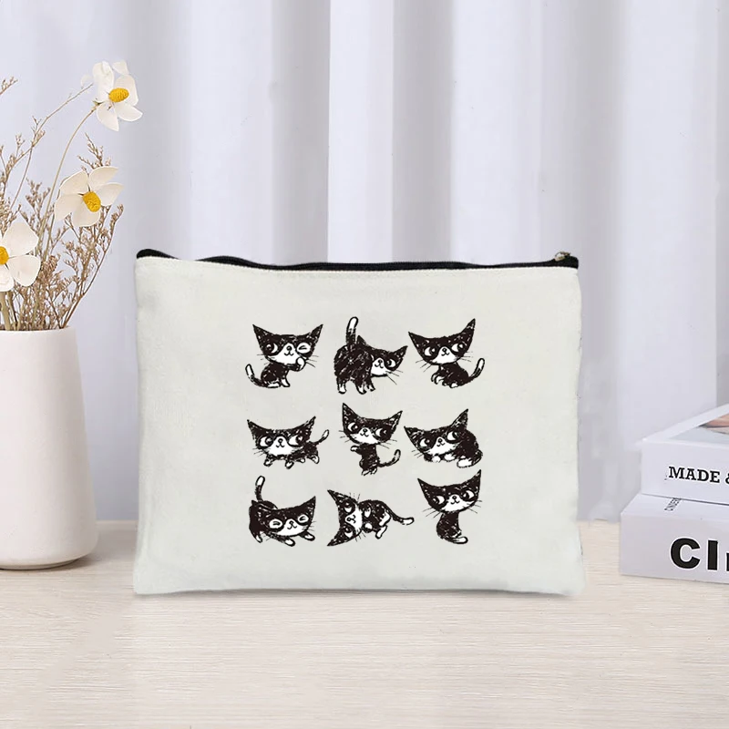 Bolsa de cosméticos de lona para mujer, organizador con estampado de gatos divertidos, con cremallera, almacenamiento de artículos diversos, bolsa de maquillaje, suministros de oficina, estuche para lápices