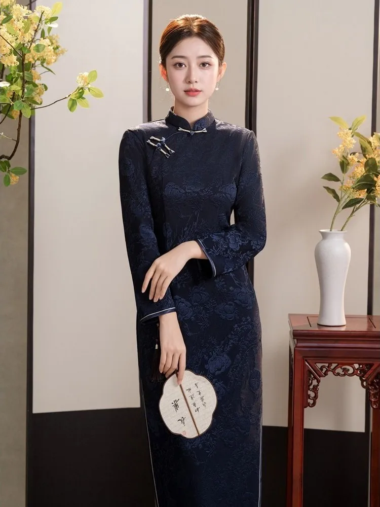 

Blue Fce Lined Long Sve Mom Winter Faion Retro Chinese Sle High Slit Daily Wear Polyester Blend Warmth