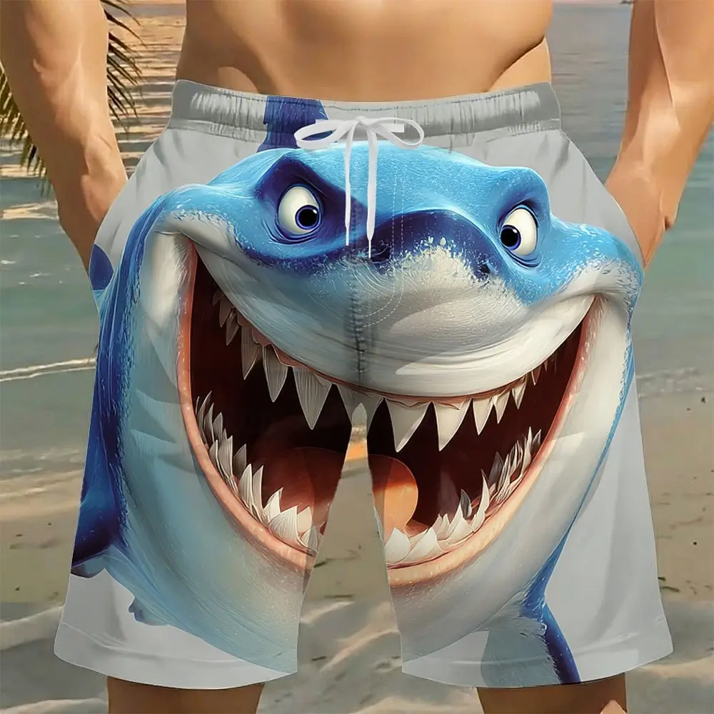 Men's Casual Shark Smile Face Pattern Shorts Mid Waist Drawstring Waist Side Pockets Beach Vacation Daily Outfit Spring & Summer