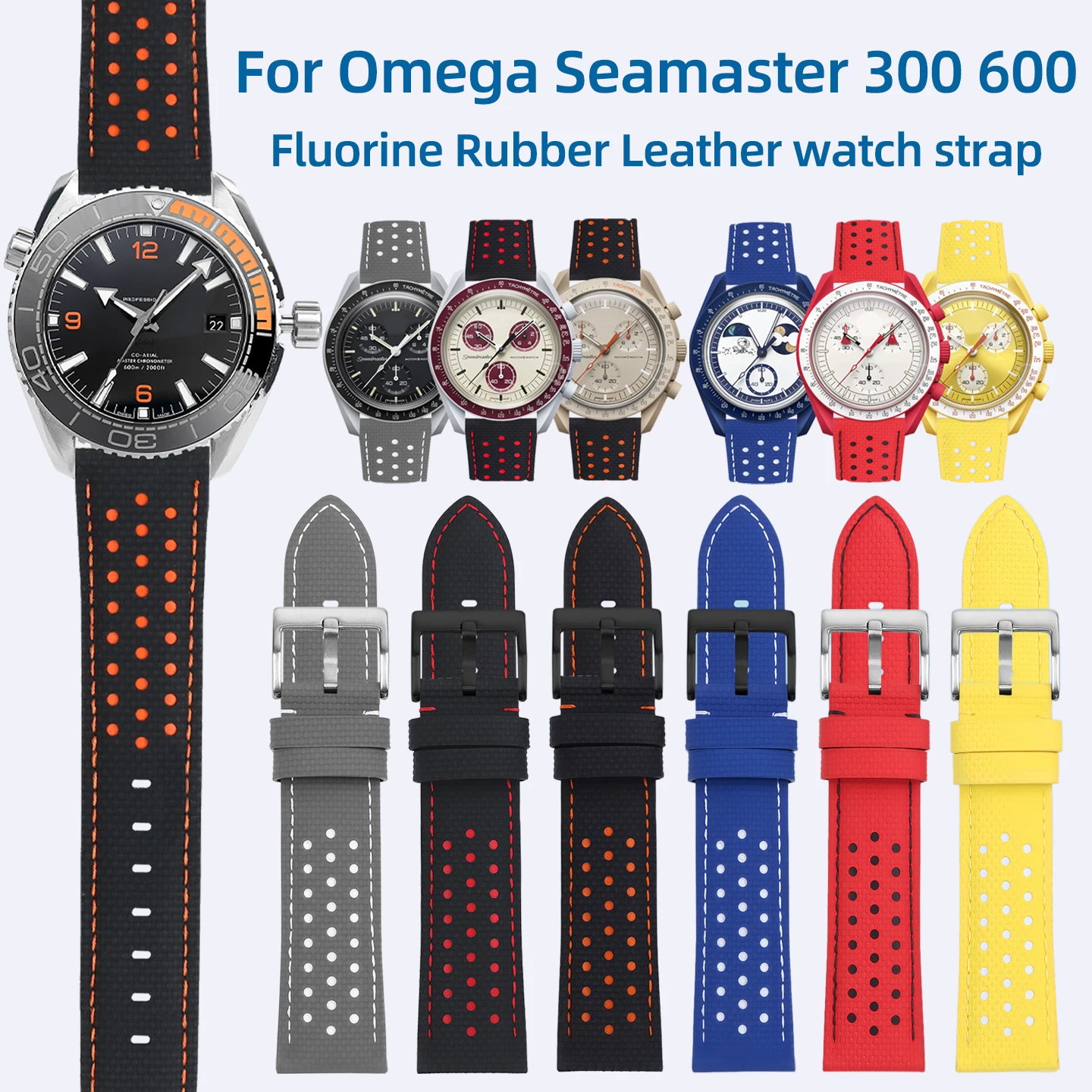 Ремешок для часов из фторкаучука FKM 20 мм 22 мм для Omega Seamaster 300/600, мужской ремешок из фторкаучука с кожаной нижней частью, аксессуары для часов