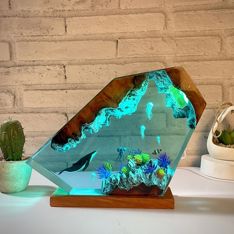 Lampe de Table en Résine pour l'Exploration des fonds marins, Luminaire Décoratif, Créatif, Thème Baleine, Méduse, Poulpe, avec Chargeur USB