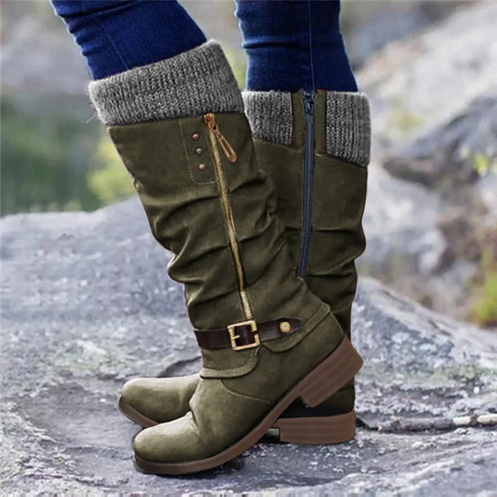 Vintage Women Boots Round Toe Casual Knee High Boots Autumn Winter Fashion Warm Ladies Shoes Solid High Quality Daily All Match