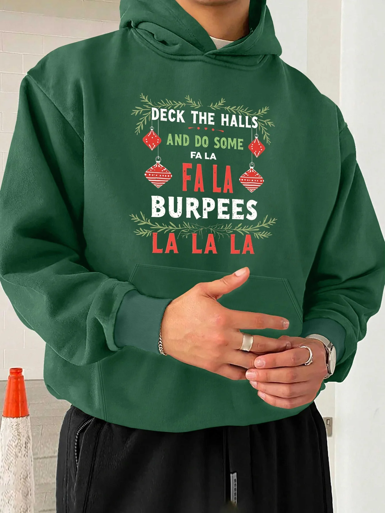 

Мужская толстовка с капюшоном больших размеров — рождественский свитер Deck The Halls Burpees с красным и зеленым праздничным принтом, пуловер свободного покроя