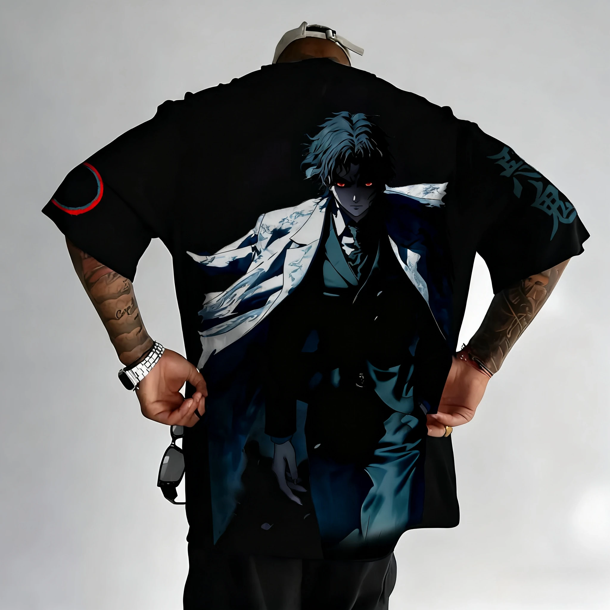 شيطان القاتل تي شيرت رجالي 2025 صيف جديد Kibutsuji Muzan أنيمي مطبوعة الشارع الهيب هوب الاتجاه Y2K بلوزة فضفاضة غير رسمية الوالدين والطفل