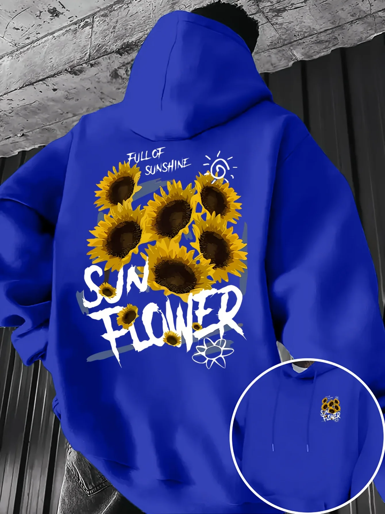 Men's trendy printed hooded fleece sweatshirt for autumn and winter, sunflower print, made of polyester fiber, machine washable