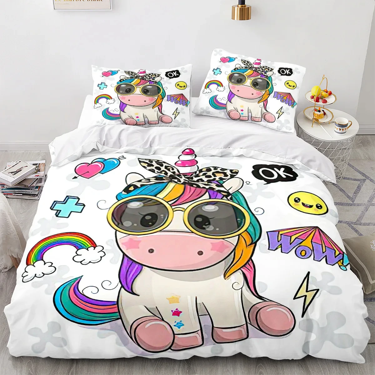 

Cartoon Unicorn Duvet Cover King Queen Lovely White Mythical Animal Bedding Set Kids Girl Colorful Rainbow Polyester Quilt Cover