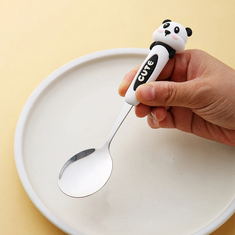 Cute Stainless Steel Spoon Ice Cream Coffee Dessert Spoon Panda Rabbit Brown Bear Silicone Handle Spoon Kitchen Accessories