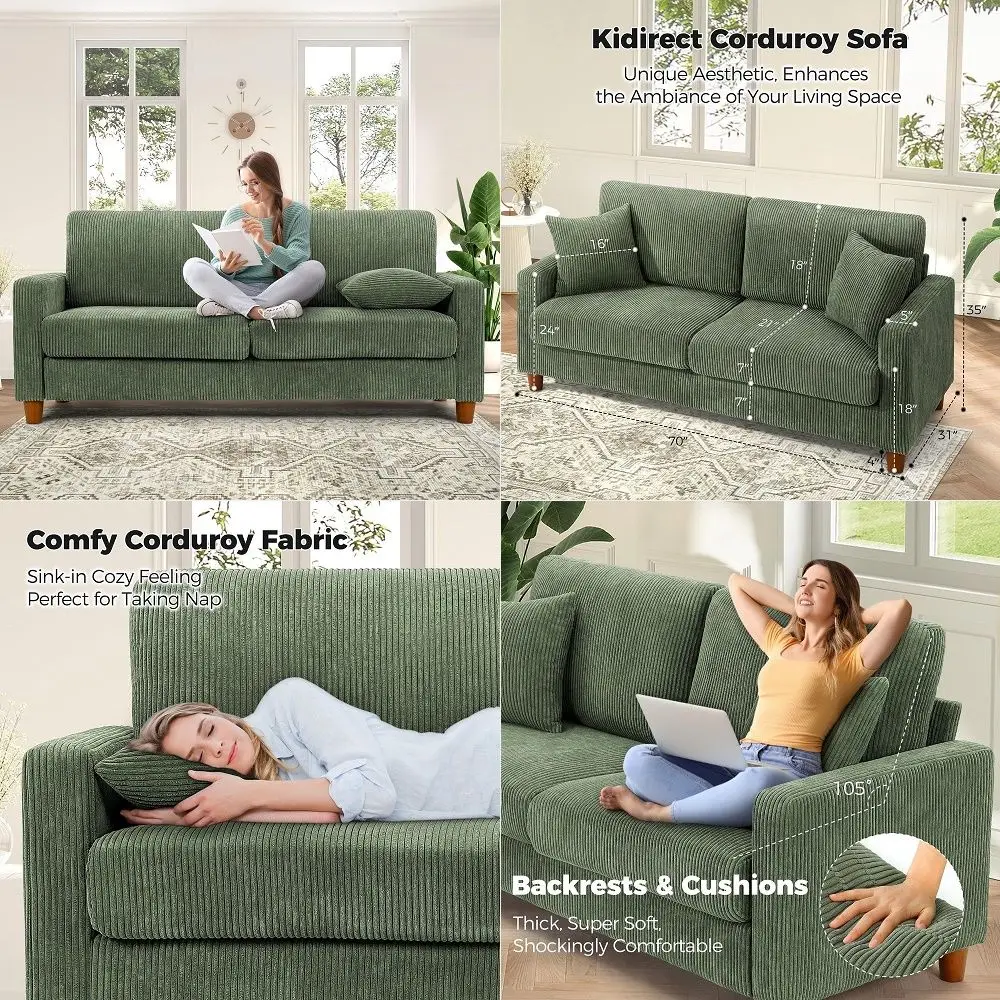 

70in Corduroy Couch, Sofas for Living Room No Tool Assembly, Comfy Couches for Living Room 21in Deep Seats, Oversized Loveseat