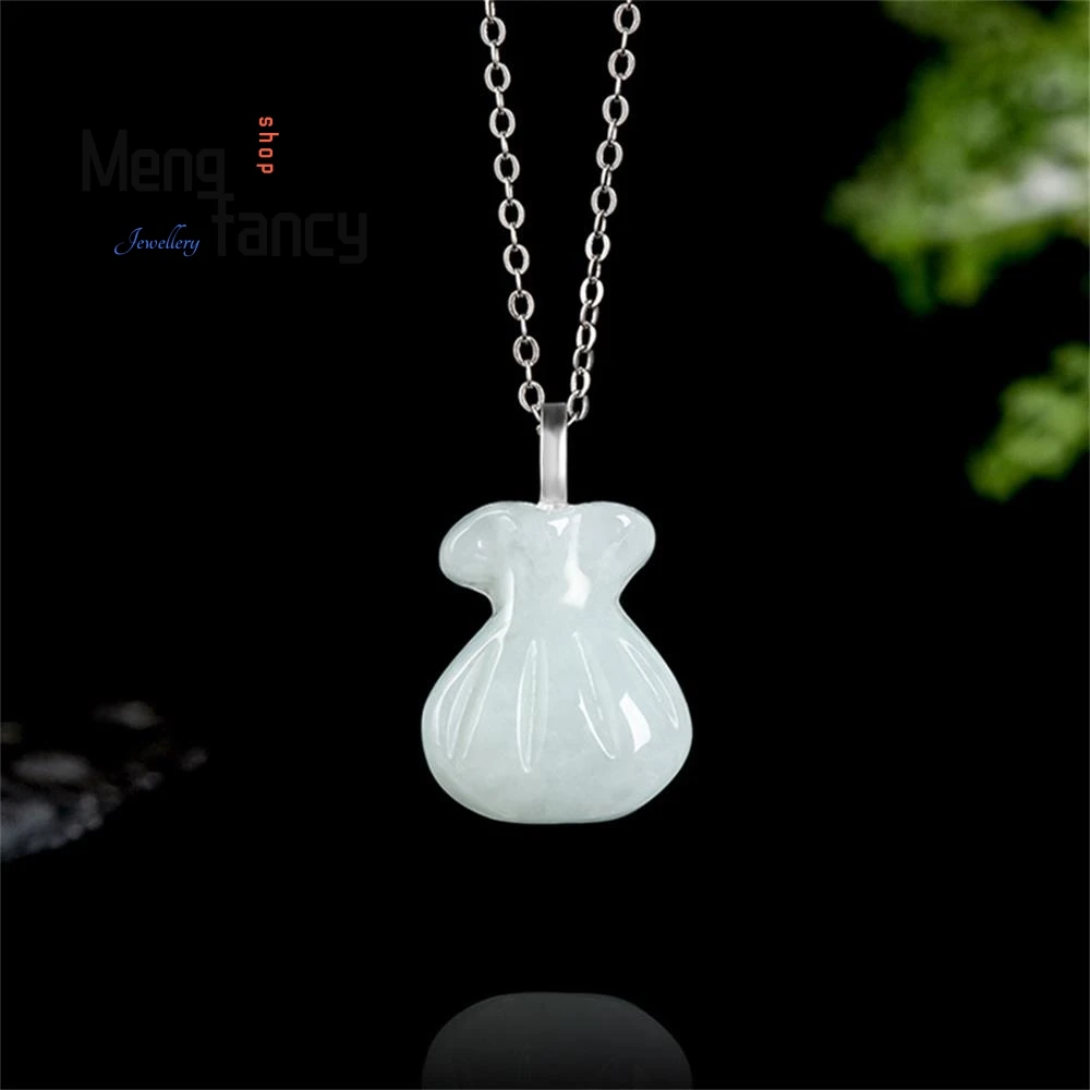 

Natural Myanmar A-goods Jadeite Small Money Bag Lucky Bag Ice Jade Pendant S925 Silver Inlaid Necklace Exquisite Fashion Jewelry