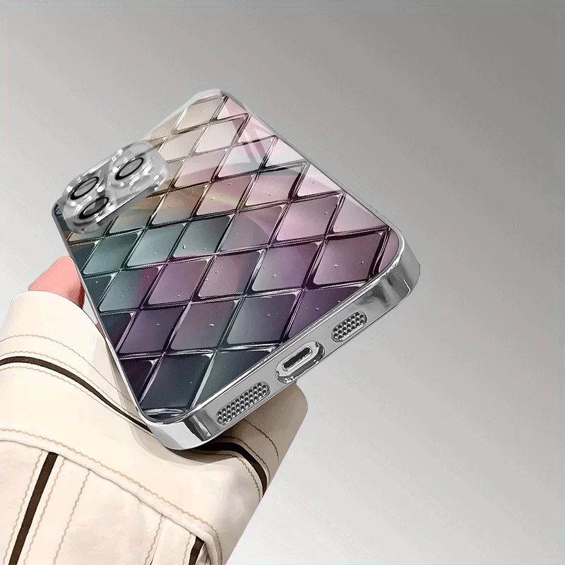 정교한 스테인드 글라스 질감의 다이아몬드 메쉬 패턴 전기 도금 유리 아이폰16 15 14 13 12프로맥스 폰 케이스